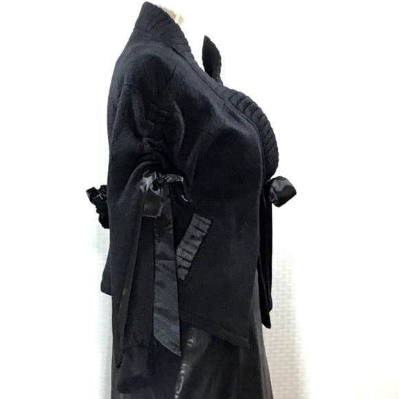 C. LUCE VINTAGE LONG SLEEVE SHORT BLACK COAT JACKET WITH RIBBON TIES - Picture 2 of 10